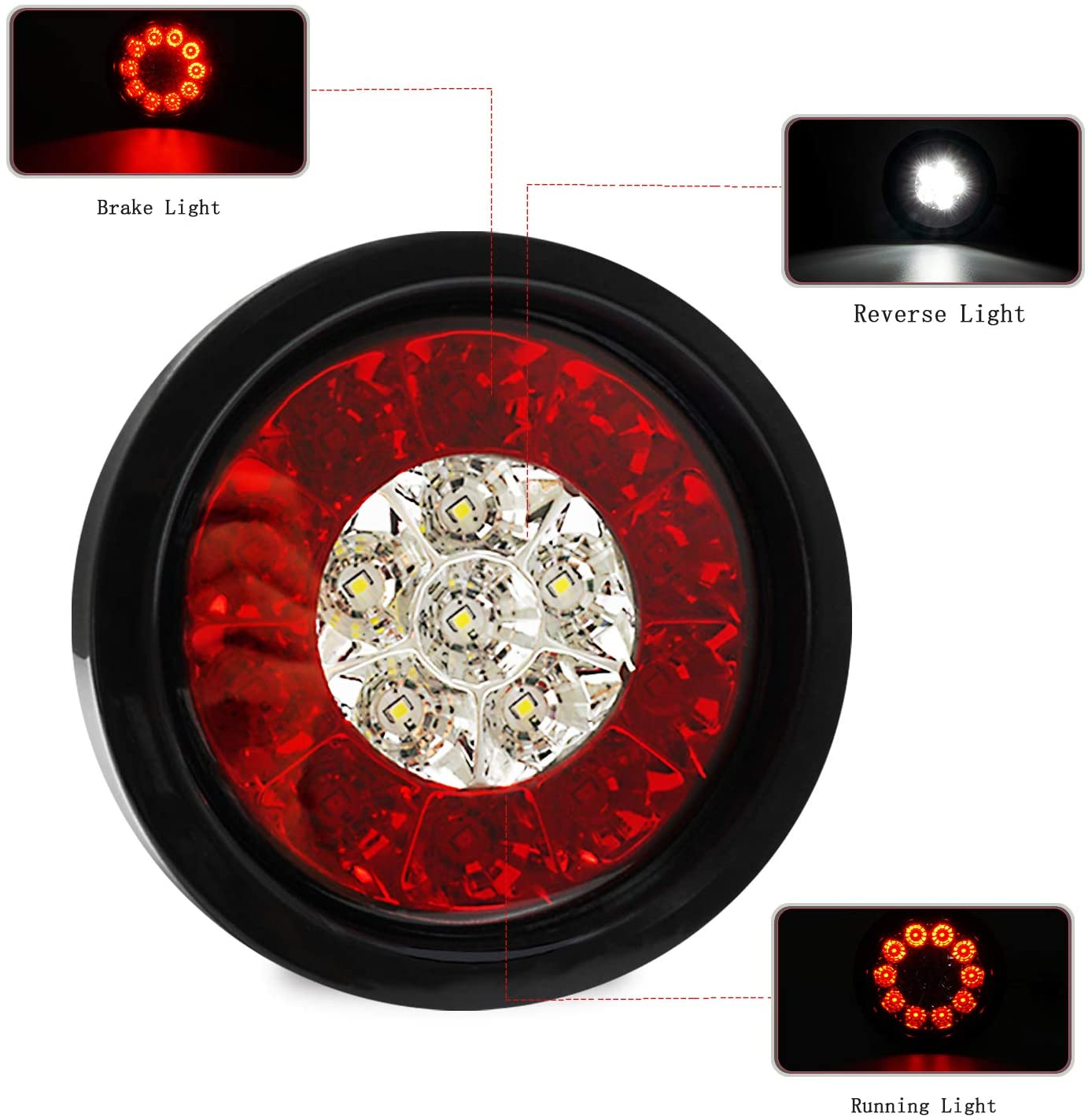 Auovo Round LED Truck Trailer White/Red Taillights with Stainless Steel Rings DC 12V Waterproof Stop Brake Running Reverse Backup Lights Tail Lamps for RV Trailer 2 Pcs Red/White