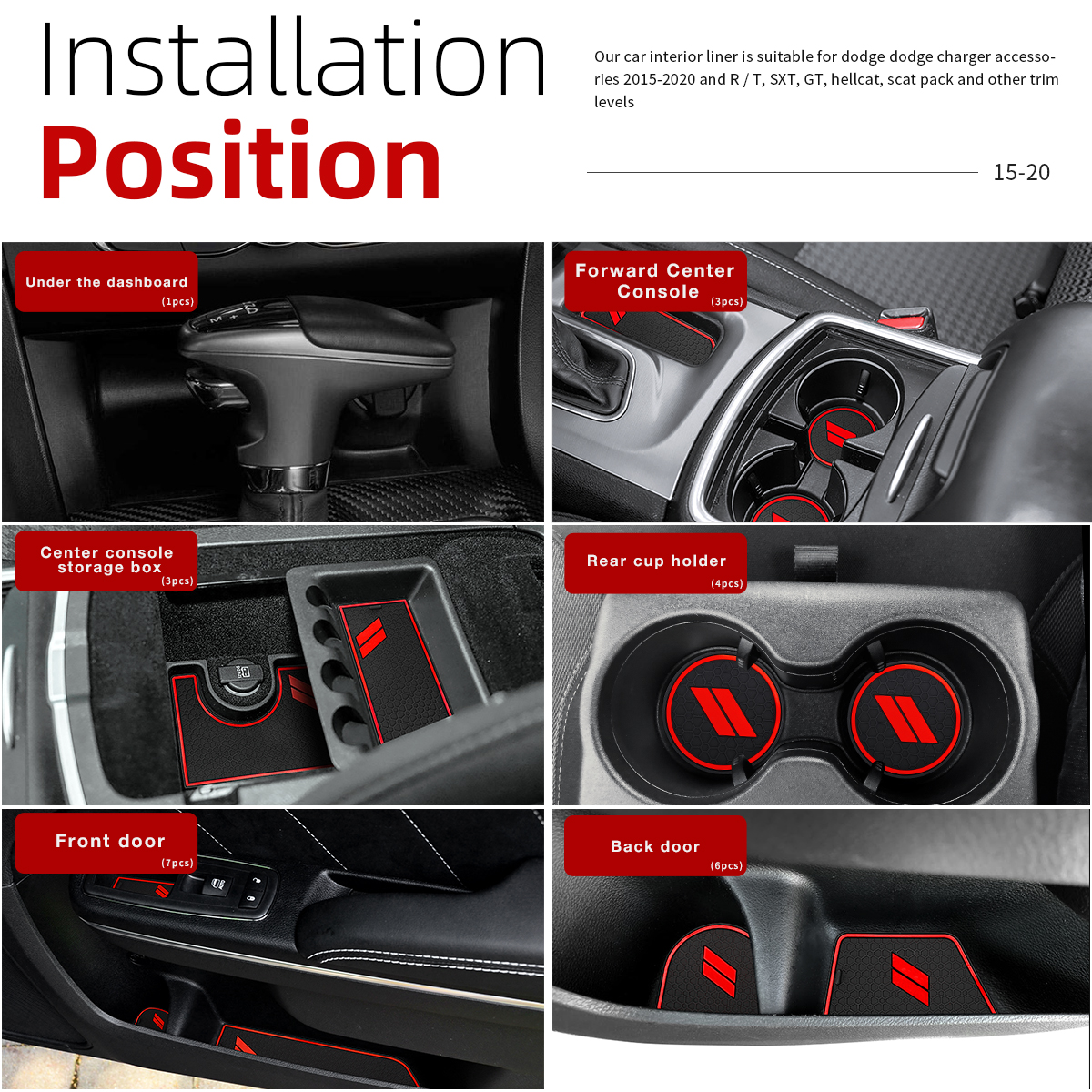 HAMSAM for Dodge Charger Accessories 2015-2021 Non-Slip Anti Dust Cup Holder Inserts 6pcs Set,Black Trim Door Pocket Liners and Center Console Liner Mats Premium Custom Interior 